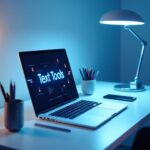 Futuristic AI writing tools interface on digital desk in blue and white theme for bloggers in 2025