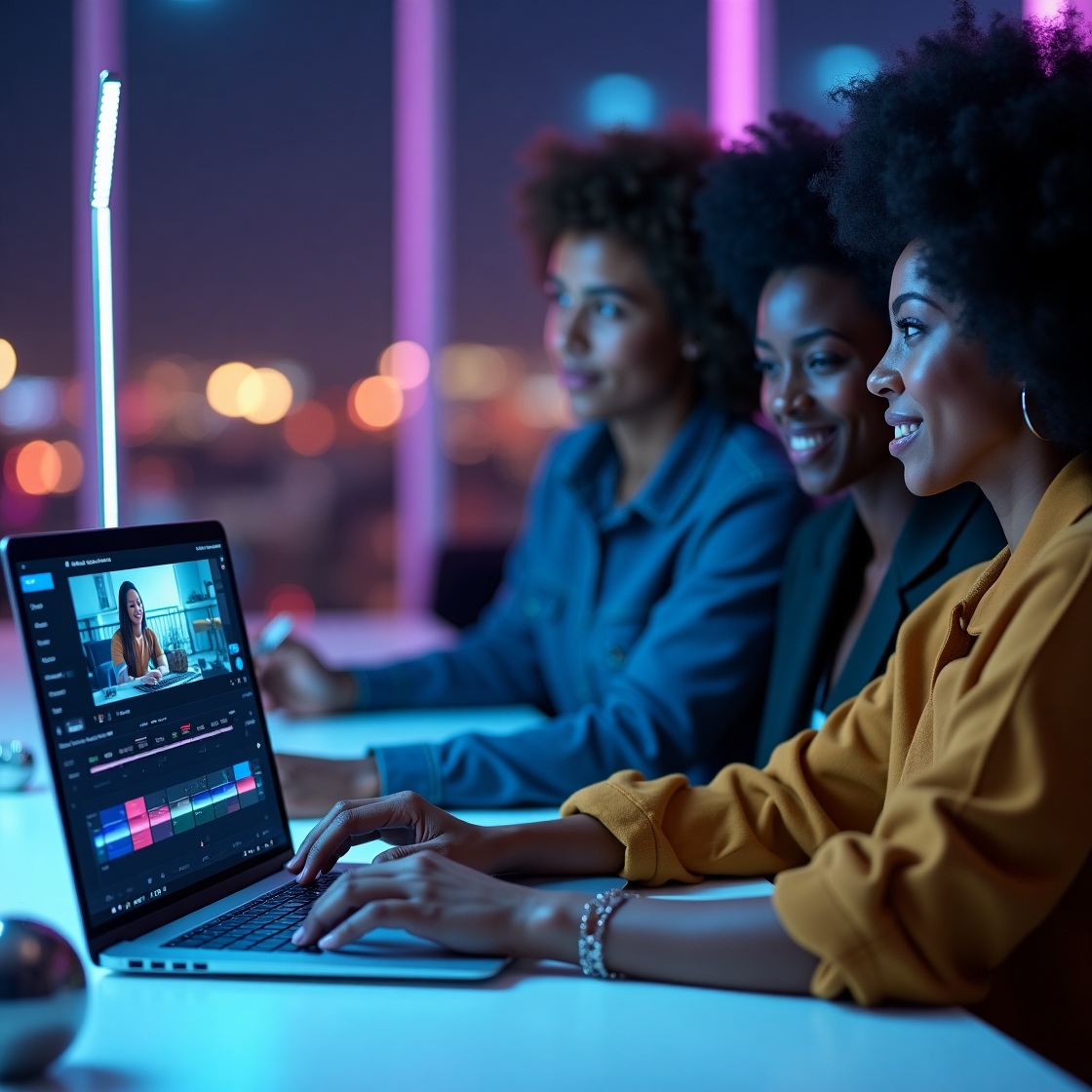 AI video generator interface for beginners with drag-and-drop features, futuristic workspace, 2025 digital video creation tools